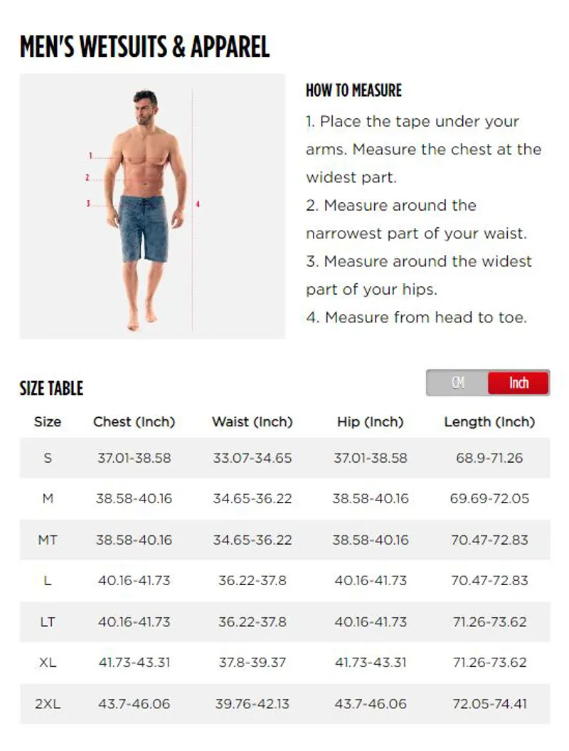 Jobe Mens Wetsuit Size Chart